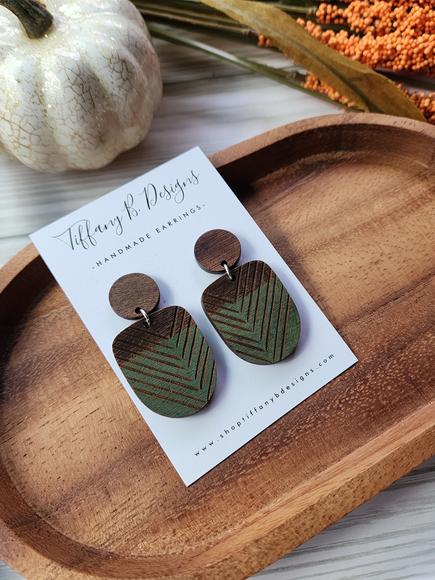 Green Chevron Wooden Earrings