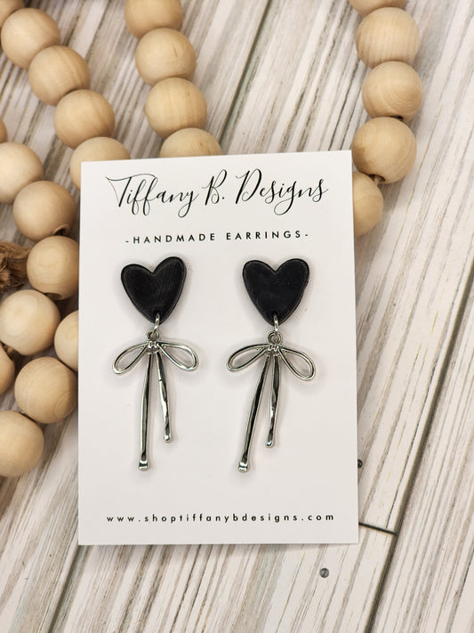 Silver Bow Heart Dangles
