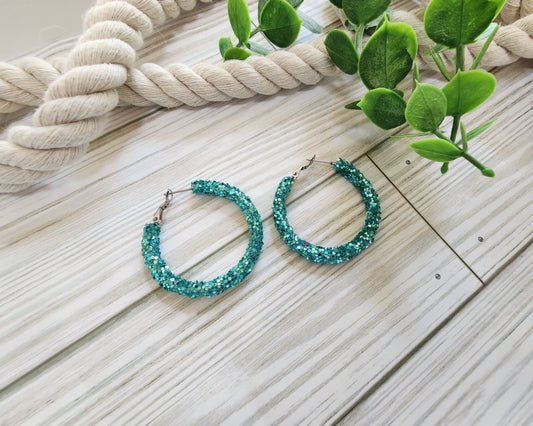 Turquoise Teal Glitter Hoops